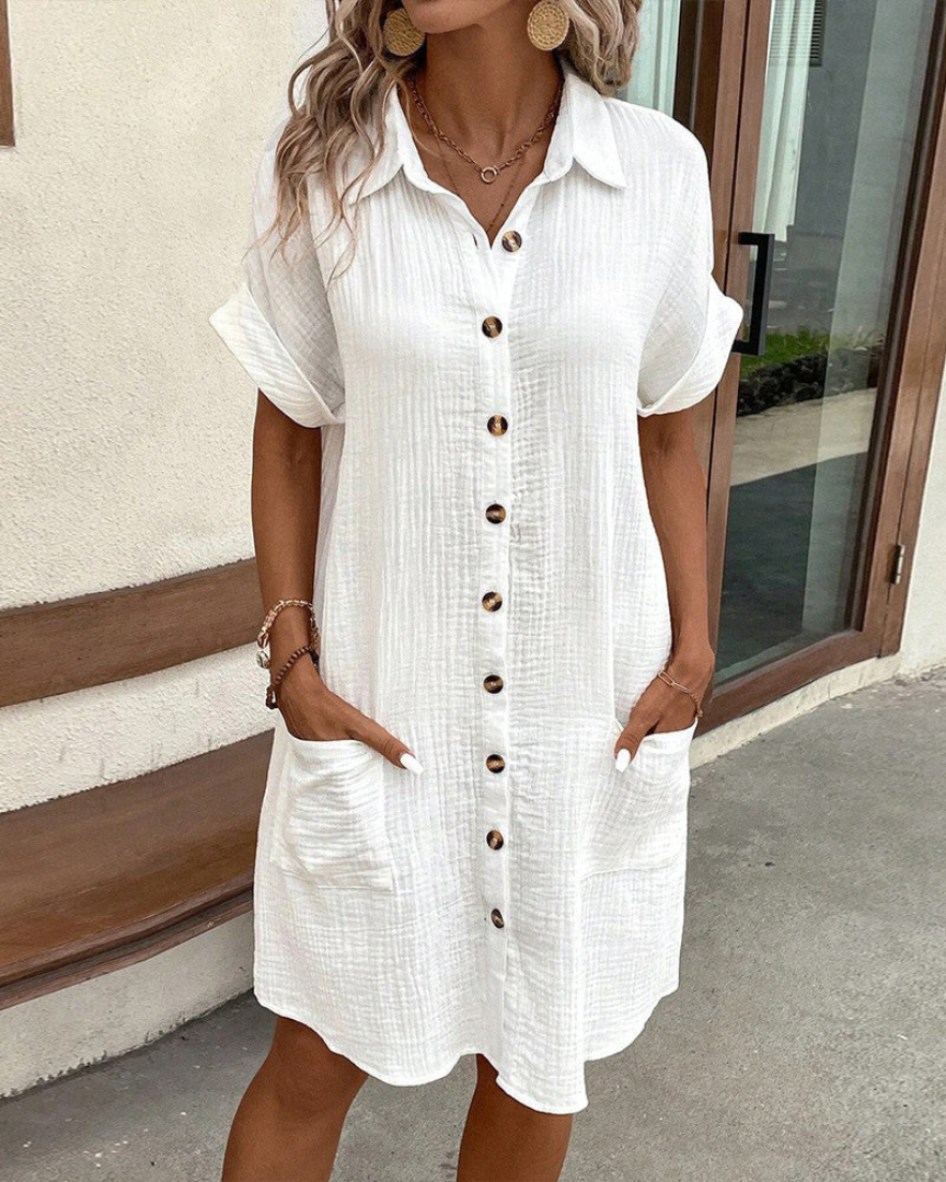 Women’s Shirt Dress – Relaxed Fit – Breathable Blend – Button Front – Midi Length
