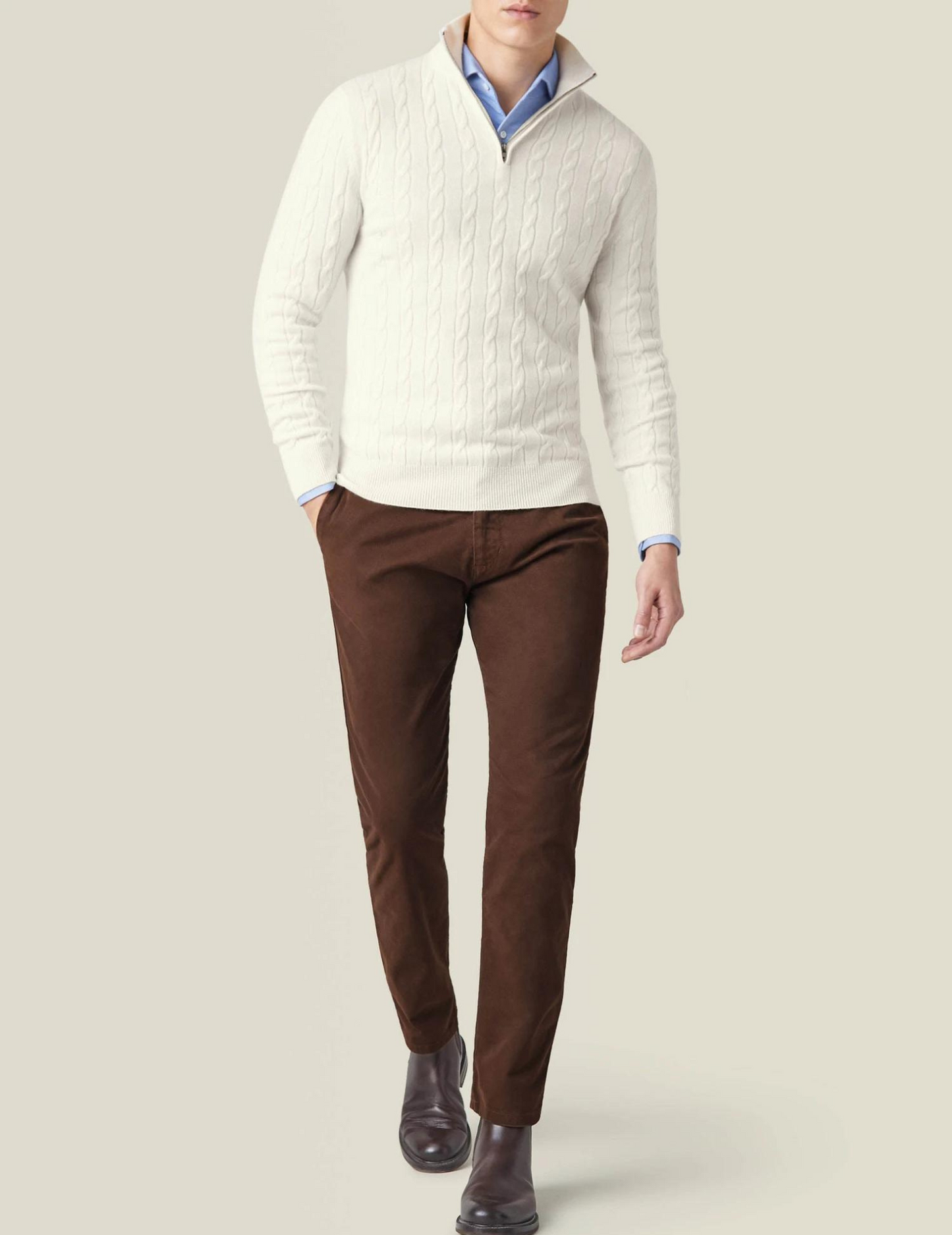 Men’s Cable Knit Sweater – Wool Blend – Half Zip – Stand Collar – Smart Casual Fit