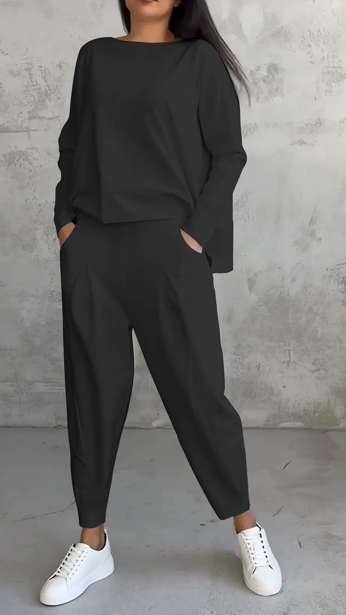 Women’s Two-Piece Set – Relaxed Fit – Long Sleeve Top – Tapered Harem Pants – Breathable Cotton