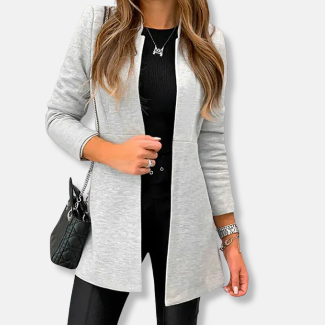 Women’s Long Coat – Relaxed Fit – Tailored Waist – Open Front – Soft Knit