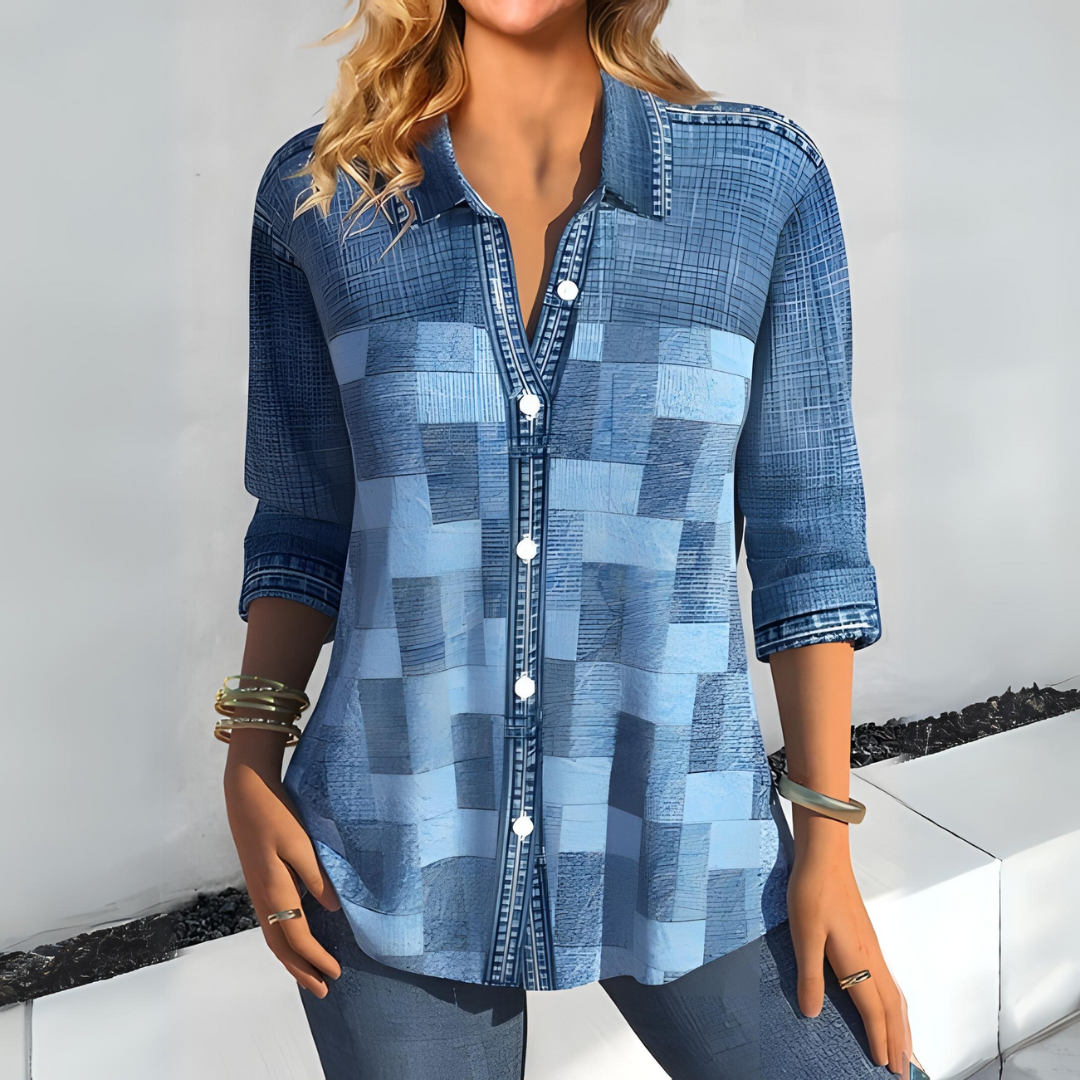 Women’s Blouse – Relaxed Fit – Button Down – Patchwork Design – Cotton Blend – 3/4 Sleeve