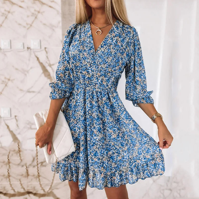 Women’s Mini Dress – Relaxed Fit – V-Neck – Ruffle Hem – Breathable Blend – 3/4 Sleeve