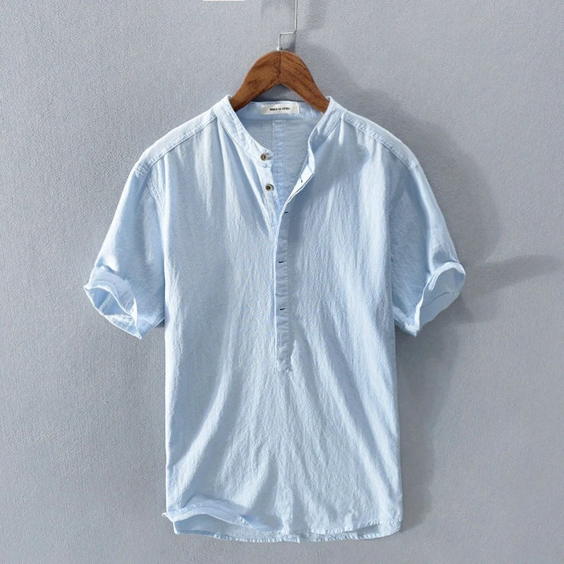 Men’s Short Sleeve Shirt – Relaxed Fit – Mandarin Collar – Natural Fibers – Casual Wear