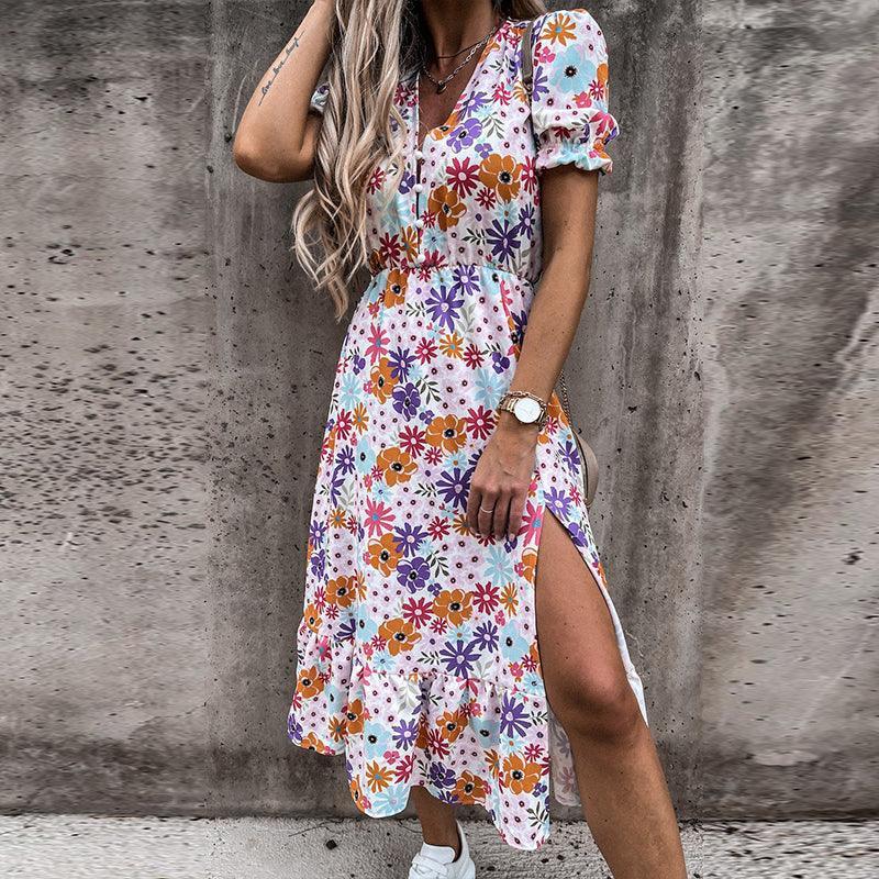 Women's Midi Dress - V-Neck - Short Puff Sleeves - Fitted Waist - Side Slit