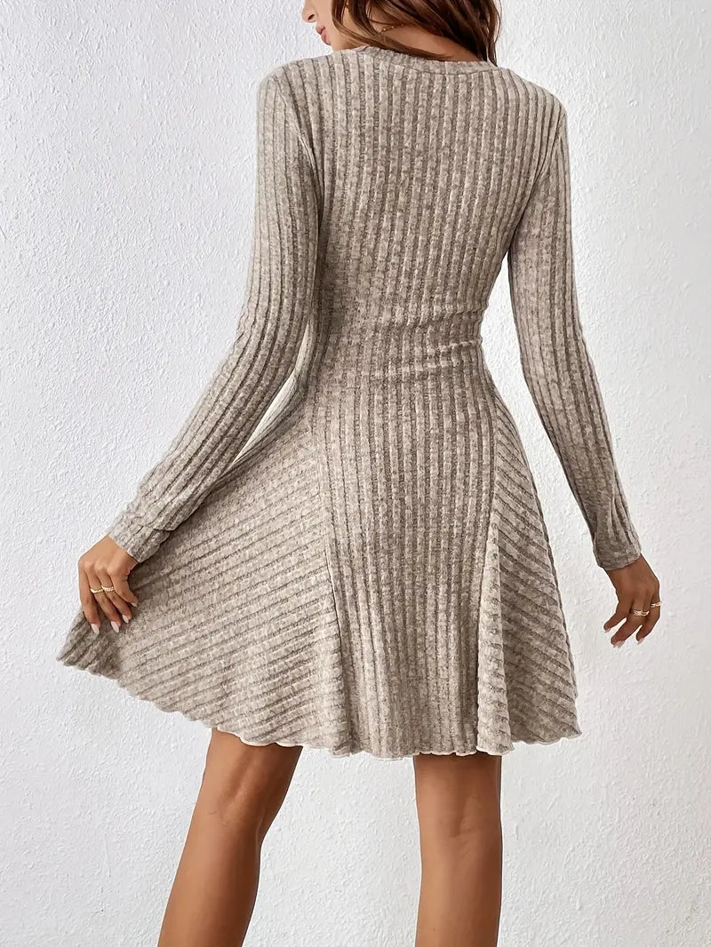 Women's Ribbed V-Neck Dress - Long Sleeve - Fitted Bodice - A-Line Knee Length