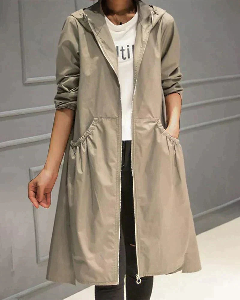 Women’s Waterproof Jacket – Relaxed Fit – Knee Length – Hooded – Zip Front – Pocketed