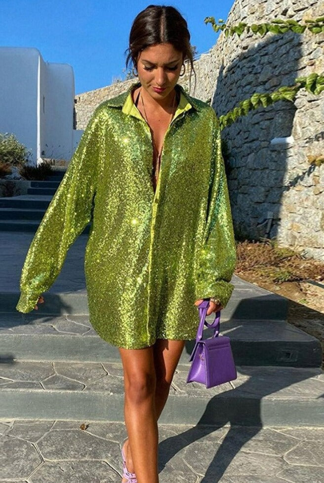Women’s Oversized Shirt – Glitter Effect – Long Sleeve – Button-Down Relaxed Fit