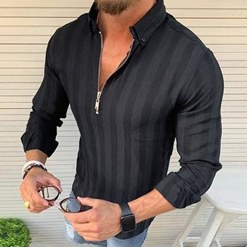 Men’s Long-Sleeve Zip-Up Shirt - Slim Fit - Striped Pattern - Collared Casual Wear