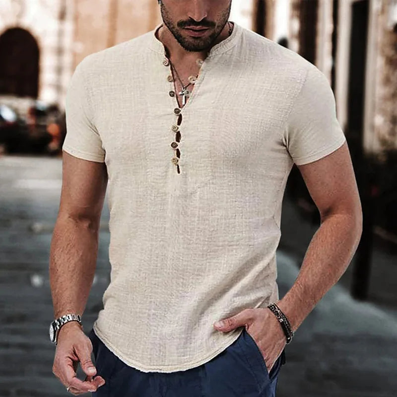 Men’s Short Sleeve Shirt – Slim Fit – Breathable Blend – Button Neck Casual Style