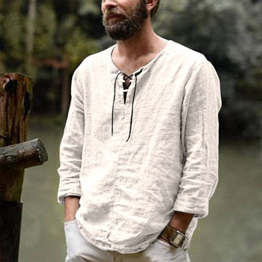 Men’s Linen Shirt - Lace-Up V-Neck - Long Sleeve - Relaxed Fit Casual Wear