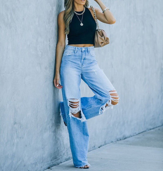Women’s High-Waisted Wide-Leg Jeans - Distressed Ripped Denim - Casual Streetwear