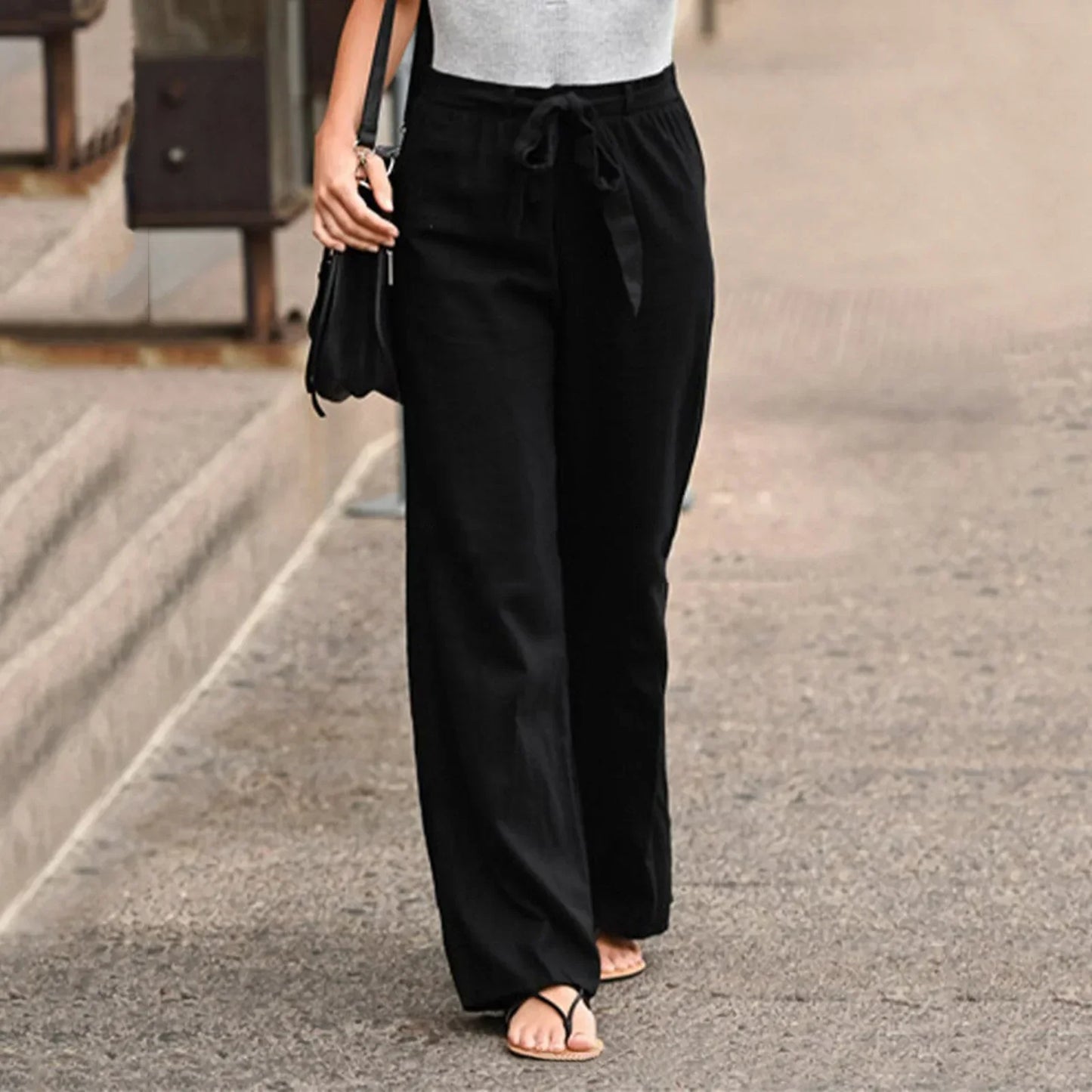 Women’s Wide-Leg Trousers – High Waist – Breathable Blend – Fabric Belt – Full Length