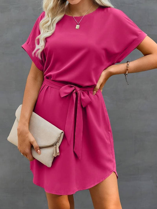 Women’s Short Dress - Belted Waist - Round Neck - Dolman Sleeves - Relaxed Fit