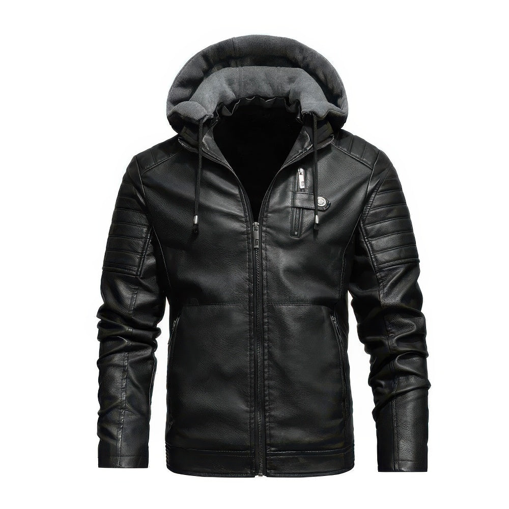 Men’s Leather Jacket - Hooded Design - Padded Shoulders - Casual Fit - Zip Closure