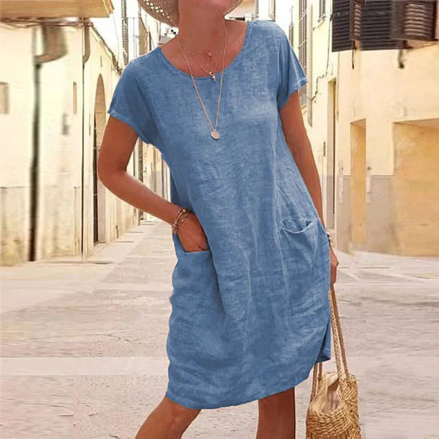 Women’s Knee-Length Dress – Natural Fibers – Relaxed Fit – Short Sleeve – Pockets