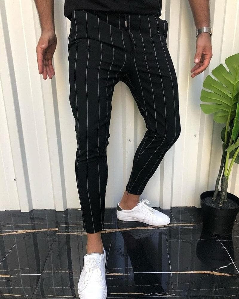 Men’s Slim Fit Pants – Cotton Blend – Vertical Stripes – Ankle Length – Tailored Waist