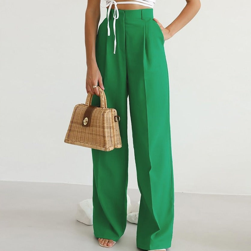 Women's Wide-Leg Trousers - High-Waisted Fit - Pleated Front - Full Length Elegant Wear