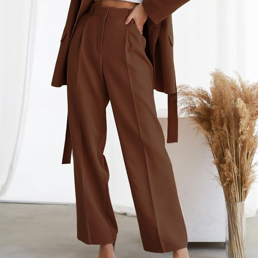 Women's Wide-Leg Trousers - High-Waisted Fit - Pleated Front - Full Length Elegant Wear
