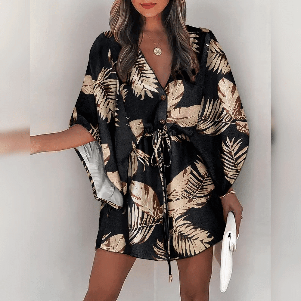 Women's Floral Dress - V-Neck Button Down - Drawstring Waist - Kimono Sleeve Casual Wear