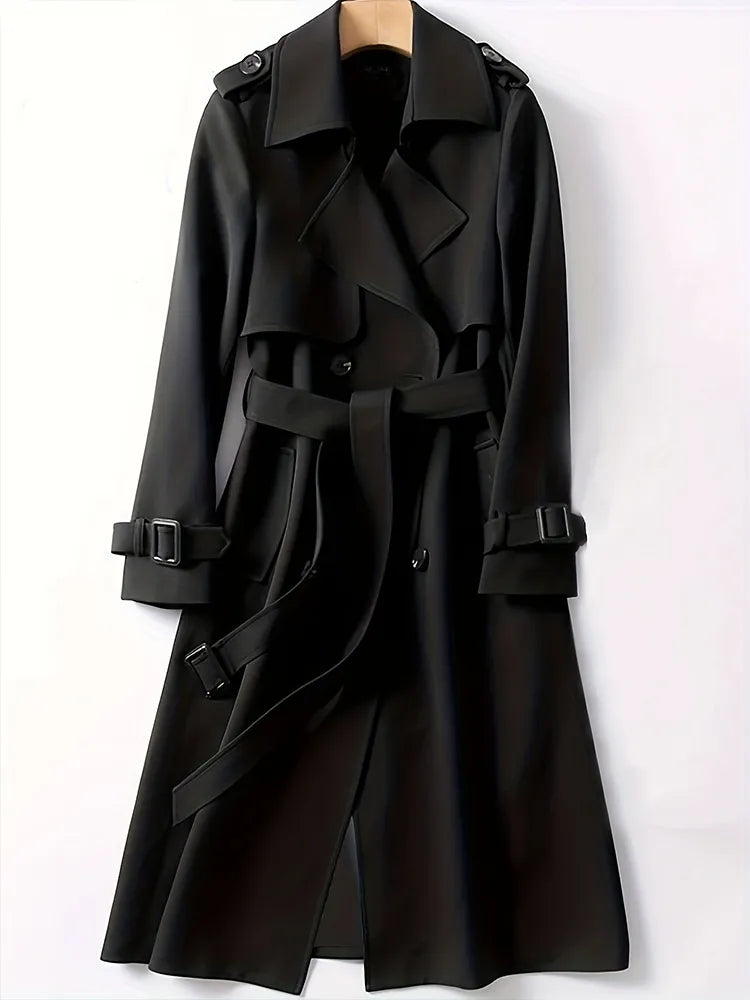 Women's Trench Coat - Double Breasted - Belted Waist - Notched Lapel - Epaulettes