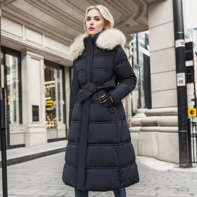 Sofia Long Down Puffer Coat | Fur Trim Hood Belted Coat
