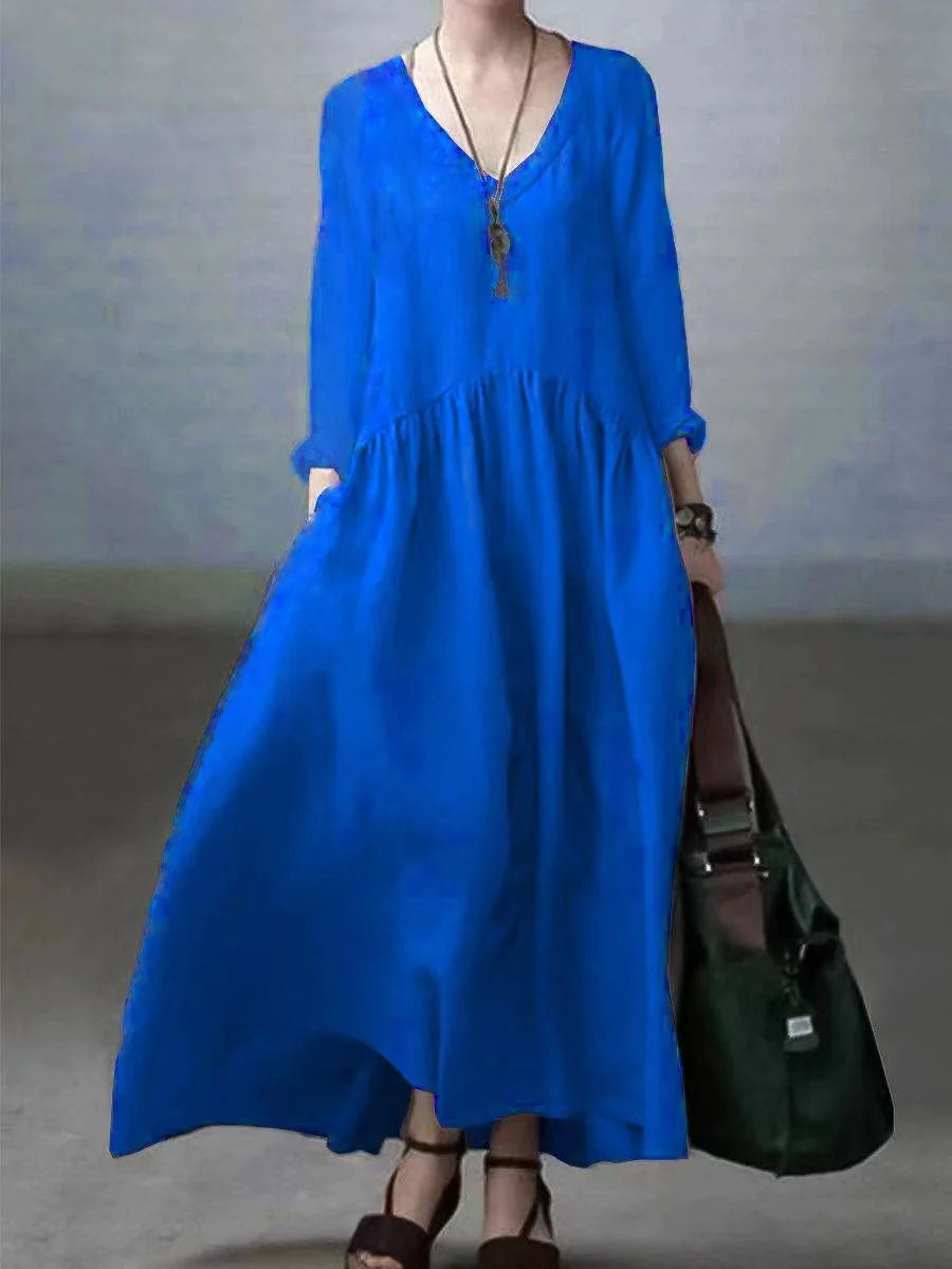 Women’s Maxi Dress – Natural Fibers – Relaxed Fit – V-Neck – Long Sleeve Flowing Style