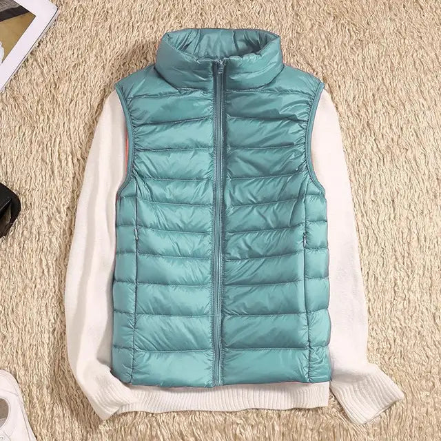 Women’s Puffer Vest – Slim Fit – Lightweight Quilted – High Collar – Zip Front