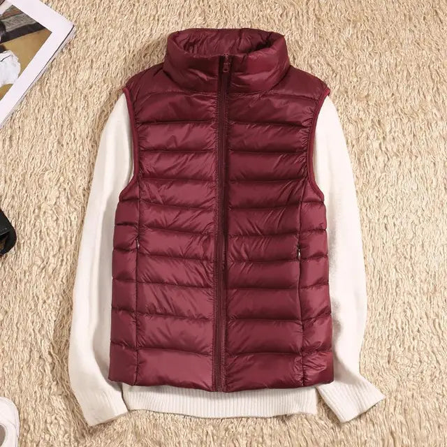 Women’s Puffer Vest – Slim Fit – Lightweight Quilted – High Collar – Zip Front