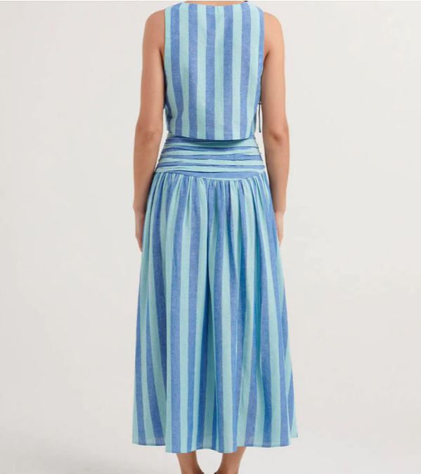 Women's Two-Piece Set - Striped Crop Top & High-Waisted A-Line Skirt - Adjustable Tie Sides - Asymmetrical Hem