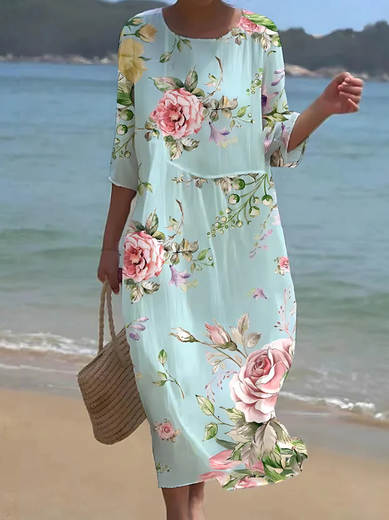 Women's Midi Dress - Floral Print - Loose Fit - Three-Quarter Sleeve Casual Wear