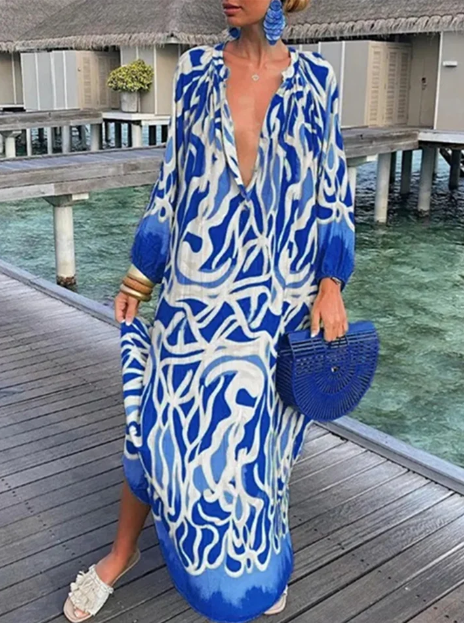 Women's Maxi Dress - Flowy Loose Fit - V-Neck Long Sleeve - Lightweight Boho Style