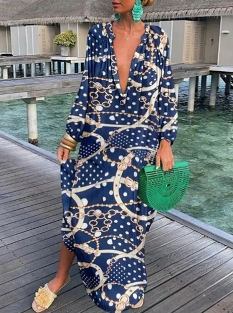 Women's Maxi Dress - Flowy Loose Fit - V-Neck Long Sleeve - Lightweight Boho Style