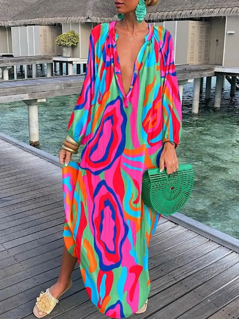 Women's Maxi Dress - Flowy Loose Fit - V-Neck Long Sleeve - Lightweight Boho Style