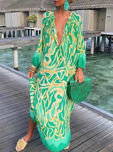 Women's Maxi Dress - Flowy Loose Fit - V-Neck Long Sleeve - Lightweight Boho Style