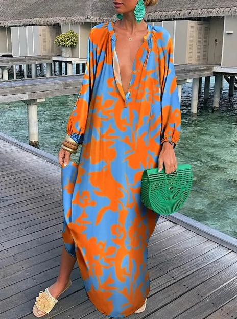Women's Maxi Dress - Flowy Loose Fit - V-Neck Long Sleeve - Lightweight Boho Style