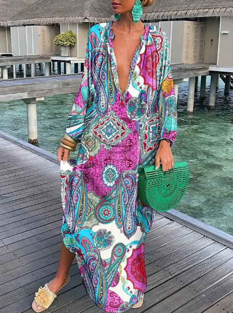 Women's Maxi Dress - Flowy Loose Fit - V-Neck Long Sleeve - Lightweight Boho Style