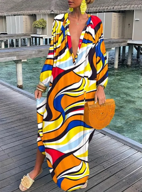 Women's Maxi Dress - Flowy Loose Fit - V-Neck Long Sleeve - Lightweight Boho Style
