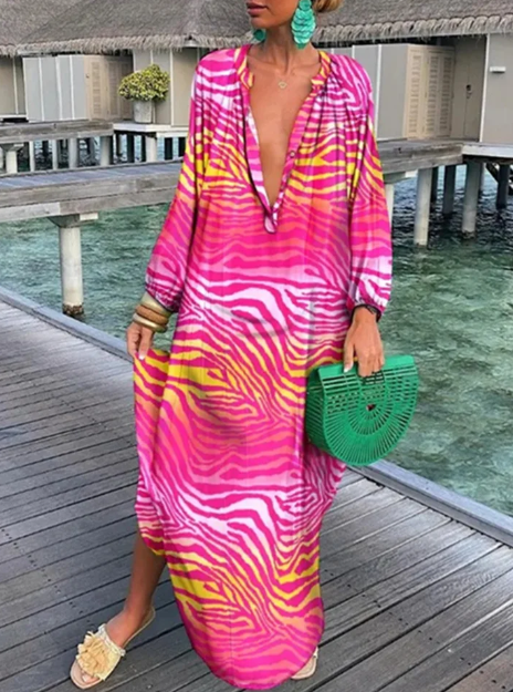 Women's Maxi Dress - Flowy Loose Fit - V-Neck Long Sleeve - Lightweight Boho Style