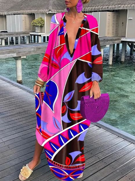 Women's Maxi Dress - Flowy Loose Fit - V-Neck Long Sleeve - Lightweight Boho Style