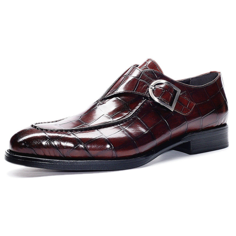 Men’s Monk Strap Shoes – Polished Leather – Embossed Pattern – Square Toe Formal