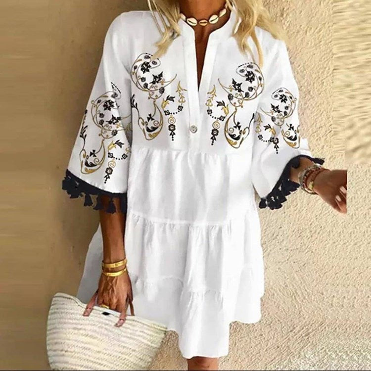 Women's Tunic Dress - Loose Fit - Split V-Neck - 3/4 Sleeve Boho Style