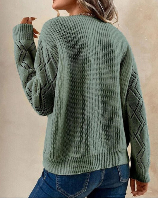 Women’s Sweater – Relaxed Fit – Soft Knit – V-Neck Lace Trim – Diamond Sleeve Detail