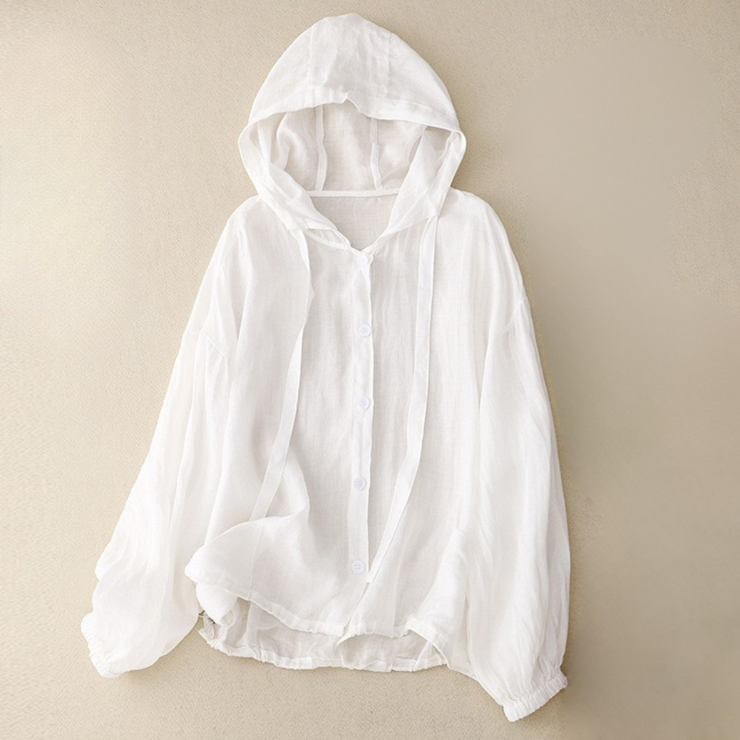 Women’s Hip-Length Relaxed Fit Hooded Blouse - Linen - Button Front - Drawstring Hem