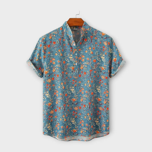Men’s Button-Up Shirt - Floral Print - Regular Fit - Short Sleeve Casual Wear