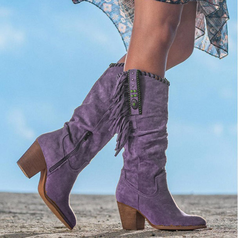 Women’s Knee-High Boots – Faux Suede – Fringe Detail – Block Heel – Western Style