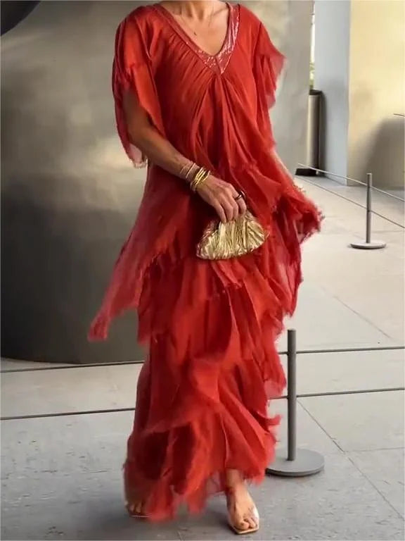 Women's Maxi Dress - Tiered Flowing Design - V-Neck Embellished - Short Flutter Sleeves