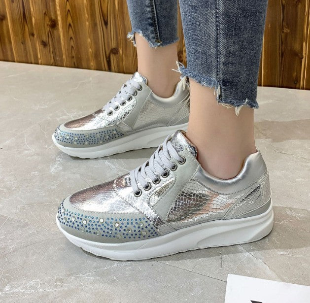 Women’s Athletic Sneakers – Rhinestone Embellished – Textured Pattern – Lace-Up Fit