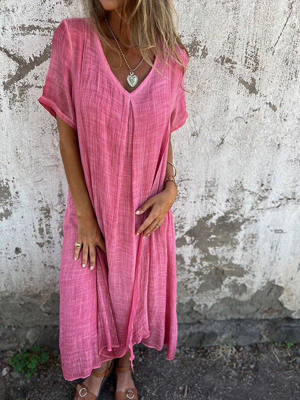 Women’s Midi Dress – Relaxed Fit – V-Neck – Short Sleeve – Breathable Natural Fibers