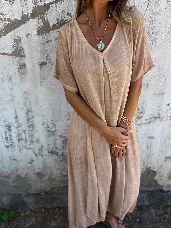 Women’s Midi Dress – Relaxed Fit – V-Neck – Short Sleeve – Breathable Natural Fibers