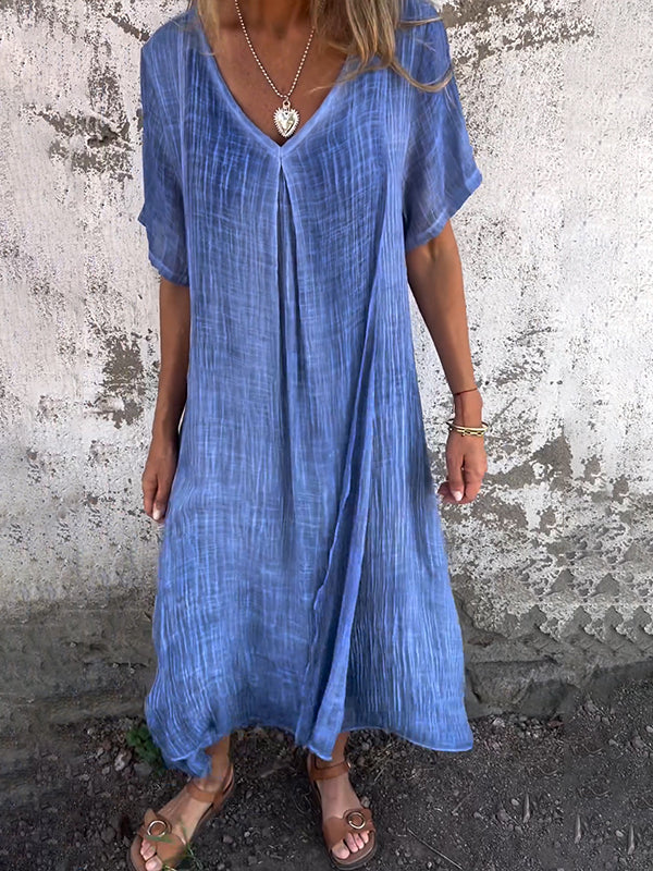 Women’s Midi Dress – Relaxed Fit – V-Neck – Short Sleeve – Breathable Natural Fibers